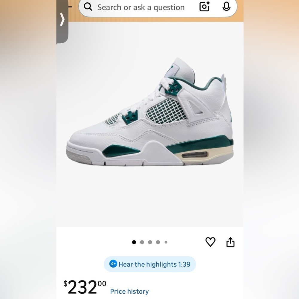 Jordan Kids White and Dark Green Retro 4 Sneakers